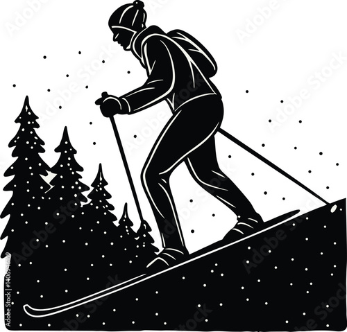 A silhouette of a cross-country skier gliding, minimal yet descriptive. Perfect for winter sports branding and infographics.	