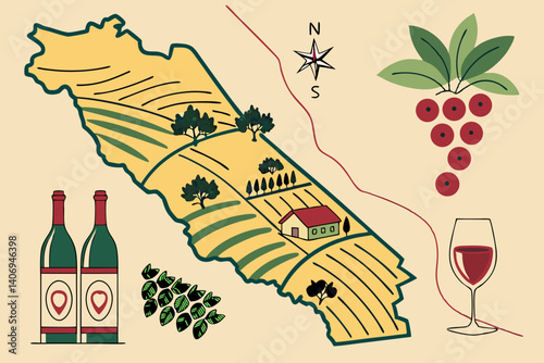 Stylized map of Napa Valley with wine icons – California, USA
