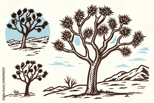Vector pack of Joshua Trees in different poses – California, USA
