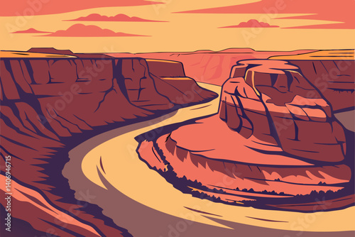 Flat illustration of Horseshoe Bend at sunset – Arizona, USA
