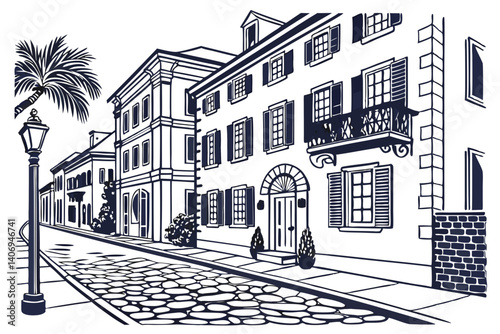 Line art of Charleston streets with colonial buildings – South Carolina, USA
