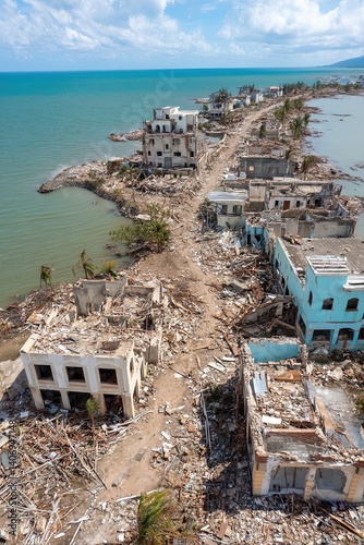 Aerial view of coastal city ruins after hurricane with collapsed buildings