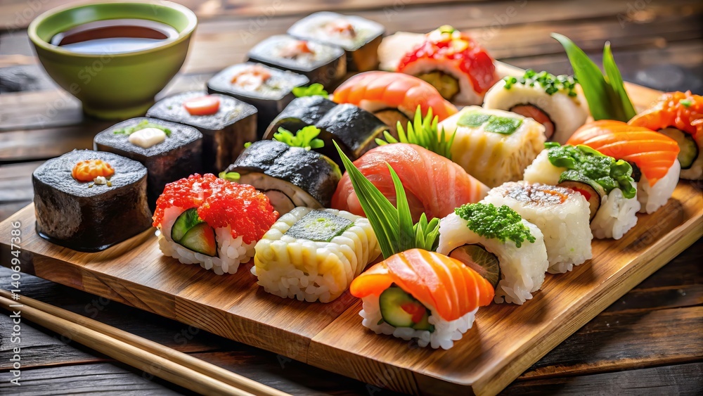 sushi and chopsticks, sushi with salmon and wasabi sushi and chopsticks, sushi with salmon and wasabi