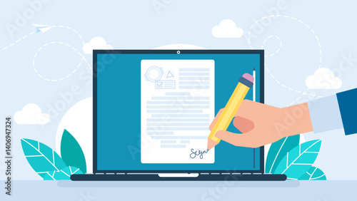 Electronic signature on laptop. Man putting esignature into legal document. Digital signature concept. Businessman signing an agreement or contract online. Business legal deal. Vector illustration