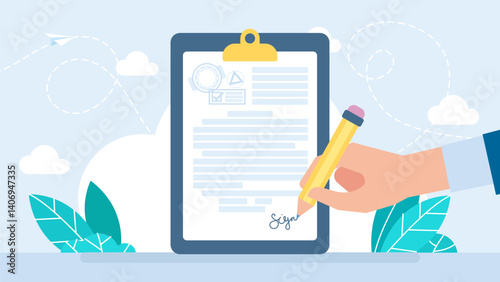Signed business contract agreement in folder. Contract with pencil icon. Business man hand holding contract agreement, signed treaty paper, legal document symbol with stamp. Vector illustration