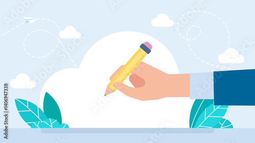 Cartoon businessman character hand holding pencil. Business clipart isolated on white background. The hand holds a pencil. A hand with an office subject in flat style. Vector illustration.
