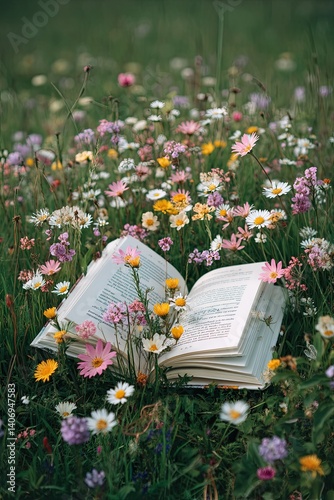 Open book lying in colorful wildflower meadow during peaceful spring day