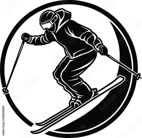 A silhouette of a skier mid-jump with poles, rendered in bold vector style. Great for snow sports gear, adventure design, and logos.	
