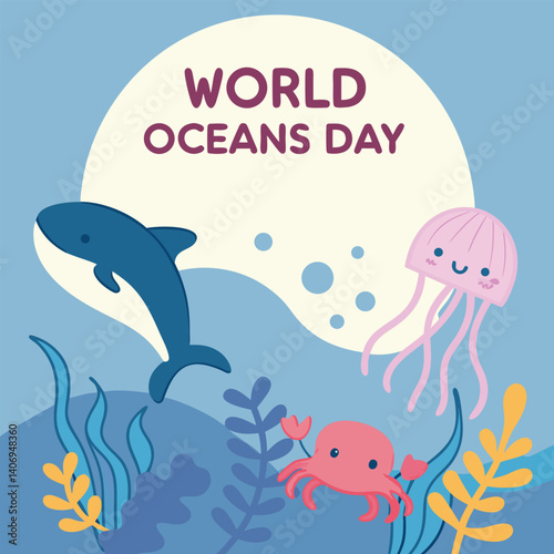 Vector illustration set of cartoon sea animals like fish, dolphin, shark, octopus, whale, turtle in a vibrant underwater world background depicting ocean life