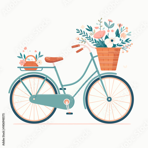 Vector illustration of a charming bicycle adorned with flowers in a basket for summer