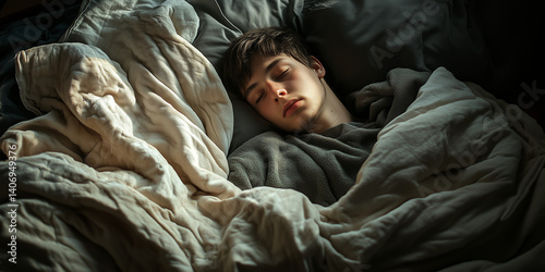 Caucasian man asleep in dark bedroom, depicting healthy sleep habits, sleep hygiene, healthy sleeping habits, bedtime routine, sleep improvement