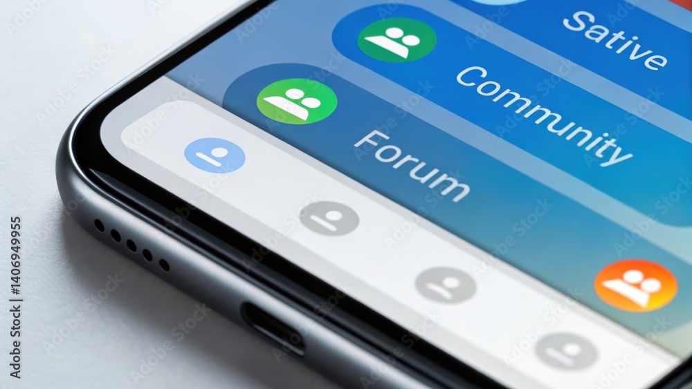 A close-up of a smartphone screen displaying various social features like community and forum options, highlighting digital interaction. A close-up of a smartphone screen displaying various social features like community and forum options, highlighting digital interaction.