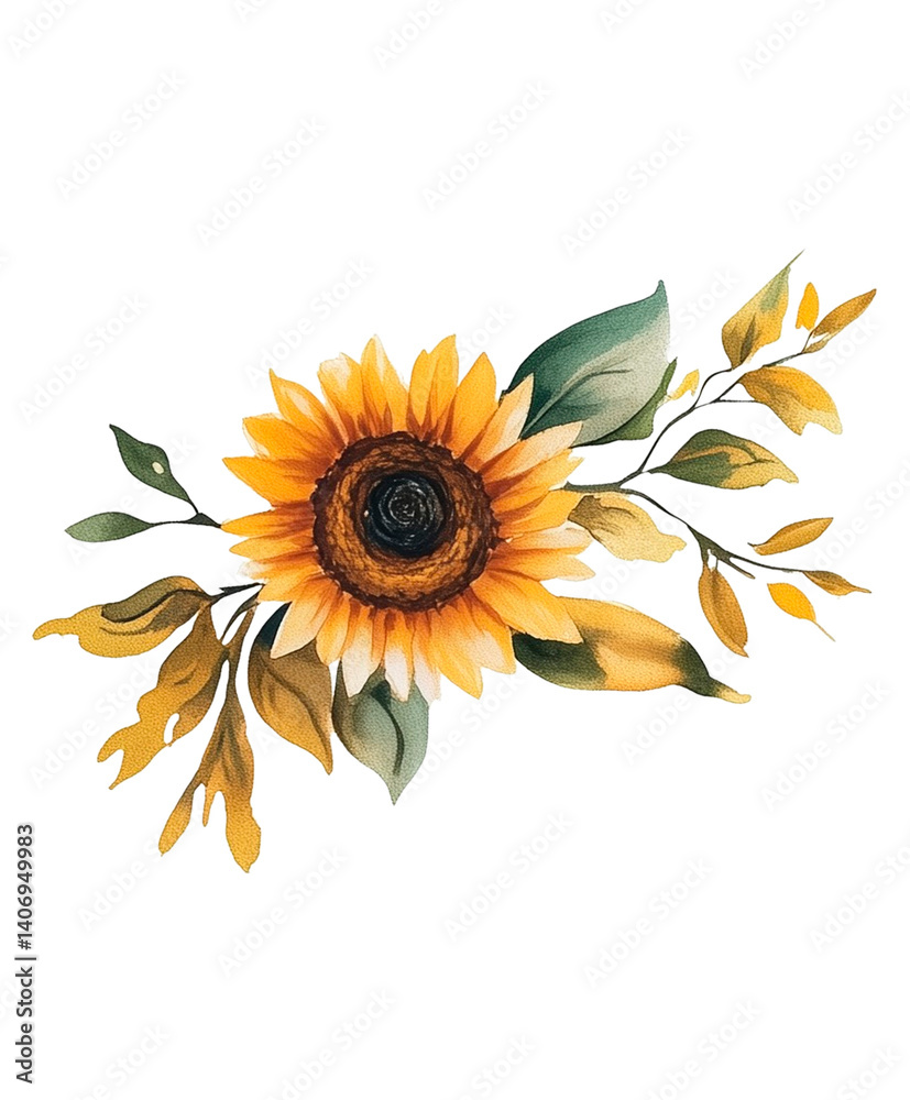 Fototapeta premium Sunflower watercolor PNG with green leaves. Transparent background illustration for rustic wedding designs, invitations, and summer events