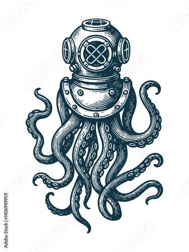 Octopus with vintage diving helmet, bold black woodcut style