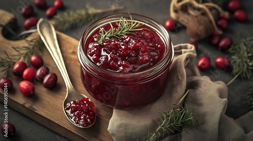 An appealing jar of lingonberry jam is attractively presented. The jar is filled with a rich, deep - red lingonberry jam. The jam has a thick, viscous consistency, indicating its high fruit content. L