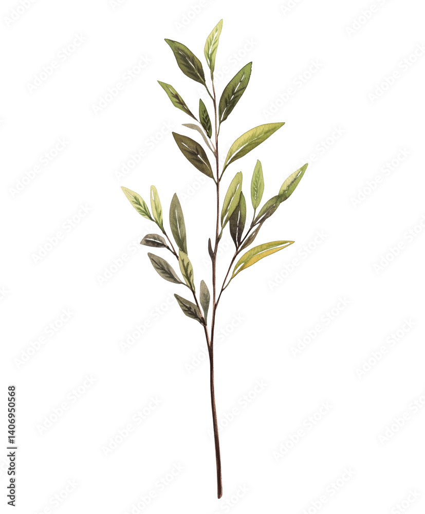 Obraz premium Watercolor olive branch PNG with green leaves. Transparent background clipart ideal for minimal botanical design, logos, and eco-friendly branding