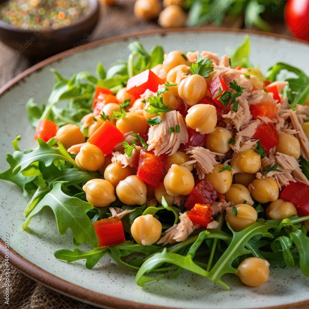 Fresh arugula salad with chickpeas and tuna in a vibrant bowl Fresh arugula salad with chickpeas and tuna in a vibrant bowl