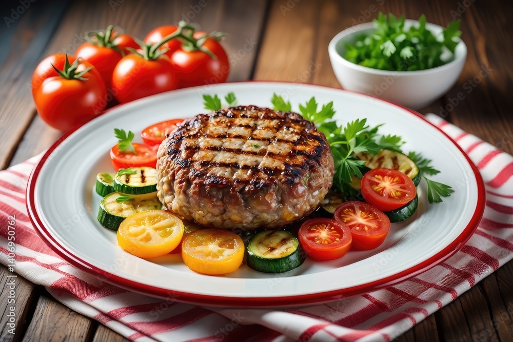 Grilled burger served with fresh vegetables on a rustic wooden table Grilled burger served with fresh vegetables on a rustic wooden table