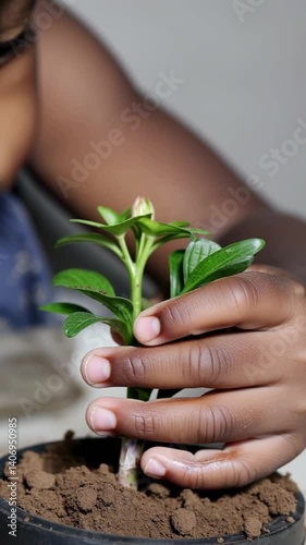Close-up of the hands of a curious African descent child gently holding a small green plant in a pot. A moment of curiosity, care, and connection to nature, sustainability, and environmental education