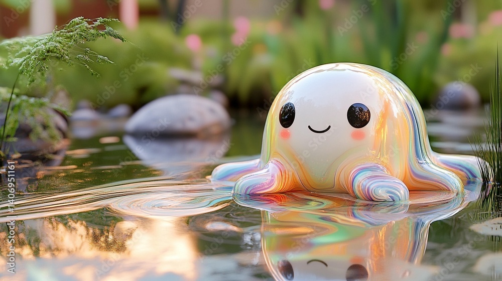 Adorable rainbow blob creature floats serenely in a calm pond amidst lush greenery.