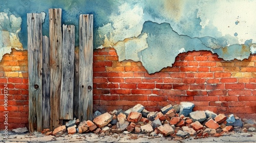 Watercolor Painting of a Weathered Brick Wall with Wooden Posts