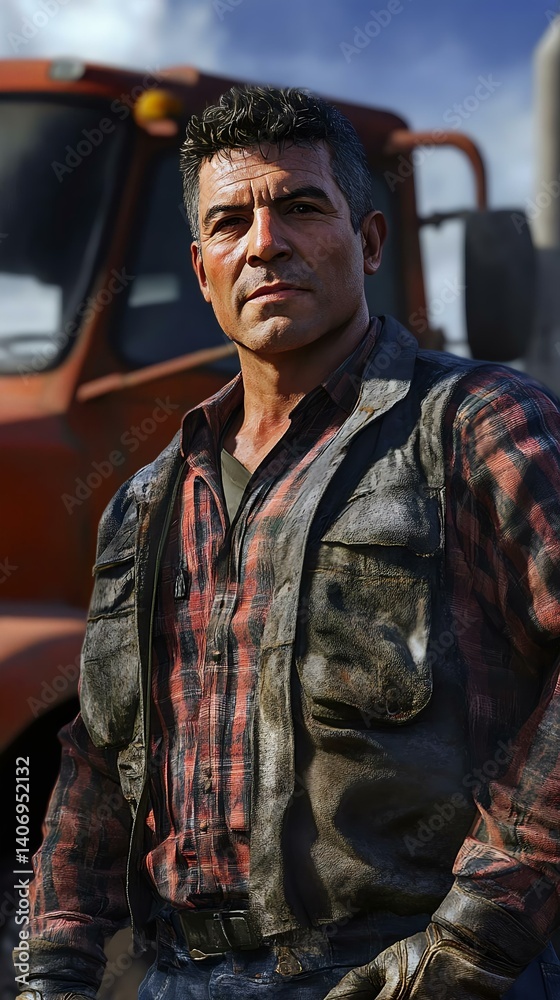 Fototapeta premium Portrait of a rugged construction worker in a plaid shirt, with great detail, showcasing determination against a construction backdrop.
