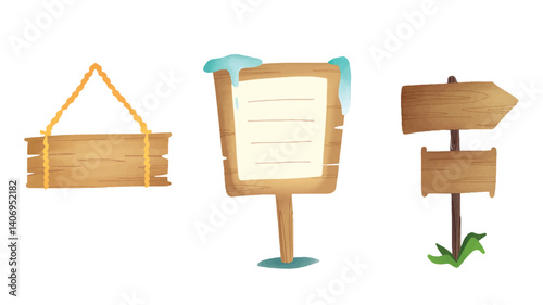 Wooden sign boards set vector illustration collection. Cartoon billboard post from wood planks hanging, direction arrow shape, rectangle board isolated white. 