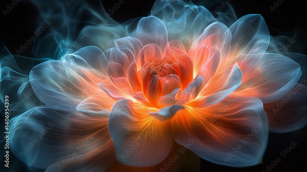 Obraz premium A vibrant, glowing flower with ethereal petals emitting soft light and color, creating a stunning visual effect in a dark background.