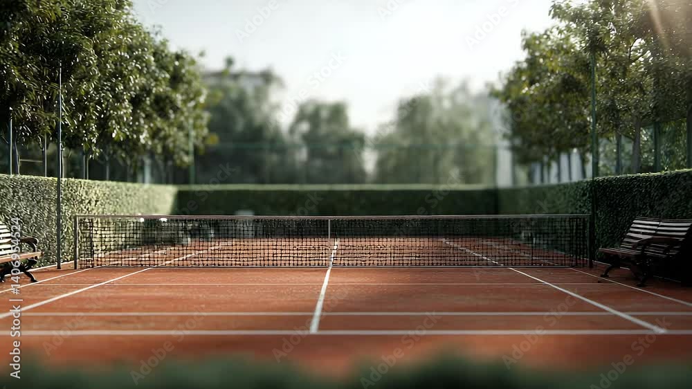 Clay tennis court, benches, and a net with green foliage beyond the fence under sunlight
