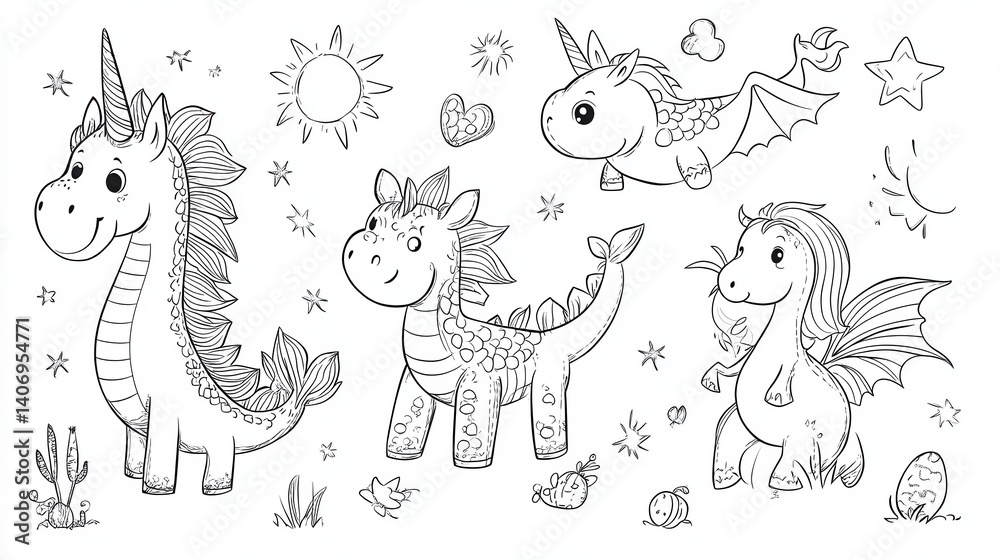 Obraz premium A line drawing of dragons. The illustration captures the complexity and functionality of the animals.