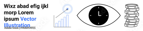 Bar chart with arrow marking growth, eye with clock emphasizing focus and time, coin stacks hinting economic outcomes. Ideal for finance, time analysis, business growth, success, focus, productivity