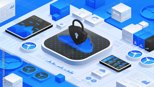 Cloud security with encryption and antivirus tools to protect sensitive data. Ensure privacy, prevent breaches, and secure online systems with advanced cybersecurity solutions. Vector illustration