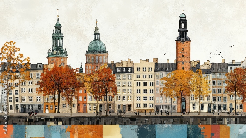 Fototapeta premium Charming urban cityscape with autumn foliage and architectural landmarks