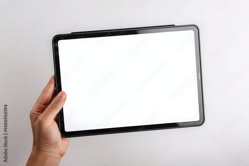 Hand holding a tablet. black tablet with blank white screen isolated on clean white background perfect for showcasing app designs or digital content mockups Hand holding a tablet. black tablet with blank white screen isolated on clean white background perfect for showcasing app designs or digital content mockups