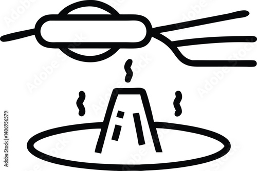 illustration, minimalist, black and white, UFO, hovering, spaceship, sky, landscape, line art
