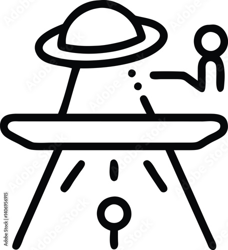 illustration, minimalist, black and white, UFO, hovering, spaceship, sky, landscape, line art
