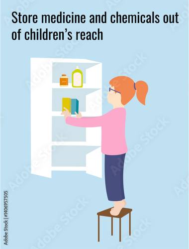 Curious girl standing on stool looking into cabinet. Childproof storage advice to prevent poisoning from medicines and chemicals.