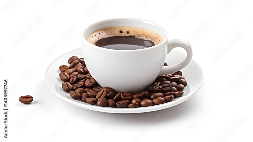 Coffee Cup with Roasted Beans on White Background Coffee Cup with Roasted Beans on White Background