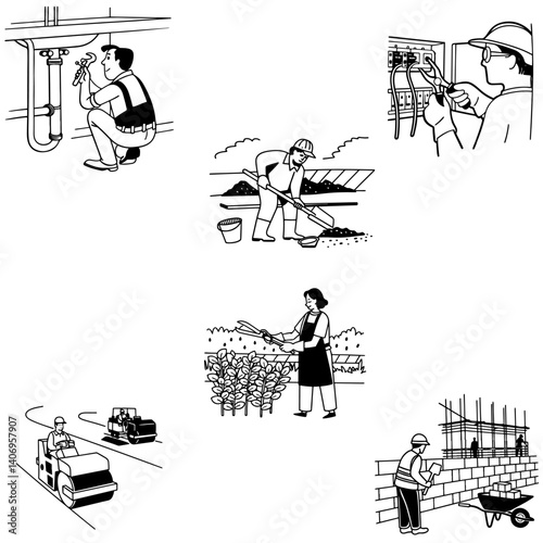 Physical jobs professions, construction worker, plumber, electrician, paver, gardener, repairman. Set of vector black cartoon sketches in doodle style