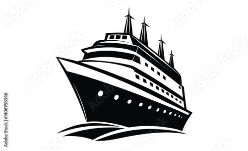 Cruise ship silhouette vector, Ocean liner icon, Sea travel ship graphic, Passenger boat black silhouette