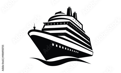 Cruise ship silhouette vector, Ocean liner icon, Sea travel ship graphic, Passenger boat black silhouette