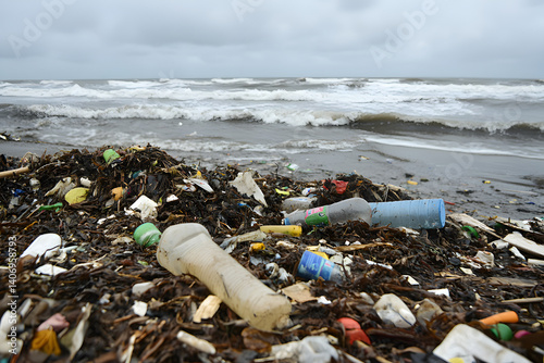 Impact of Plastic Waste Pollution on Beach with Waves  