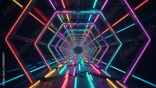 A mesmerizing glowing tunnel of vibrant neon hexagons beckons you into a futuristic realm a symphony of light and geometric precision creating an immersive visual experience.