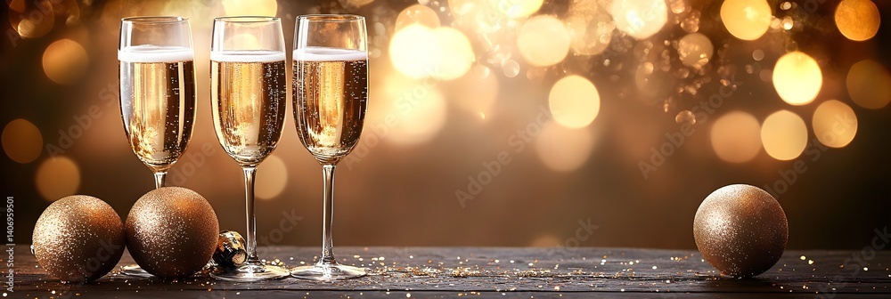 Festive Champagne Flutes with Golden Baubles and Bokeh Lights Festive Champagne Flutes with Golden Baubles and Bokeh Lights