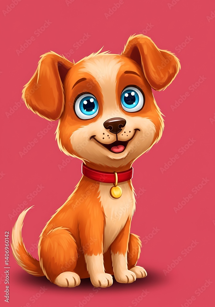 Fototapeta premium Adorable puppy with big eyes sitting red collar bright happy expression digital art cute pet cartoon