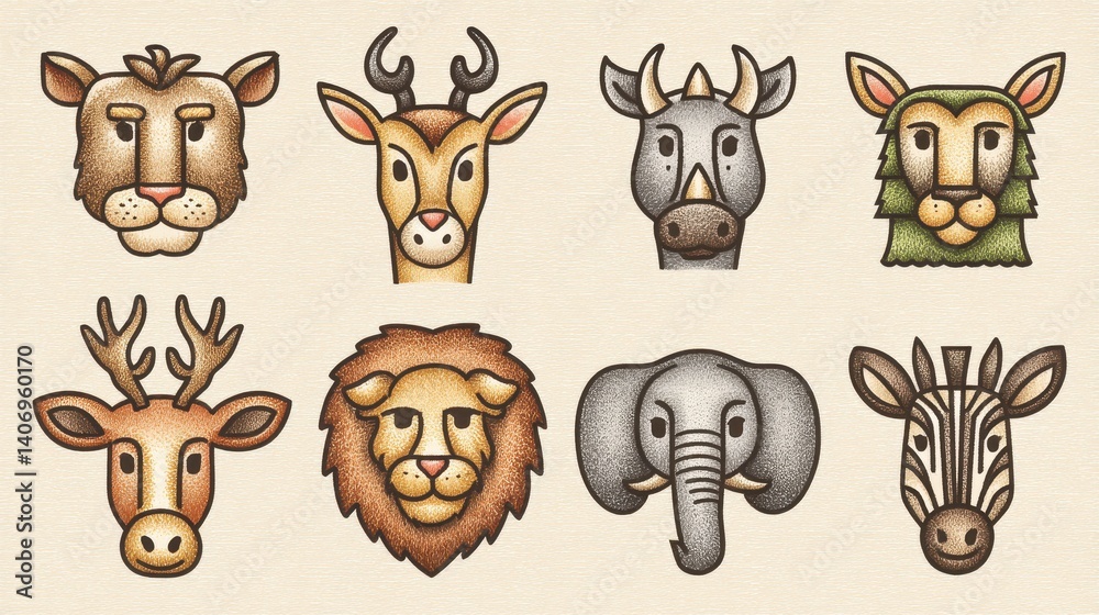 Fototapeta premium Eight Stylized Animal Portraits Pixel Art Collection Beige Background
