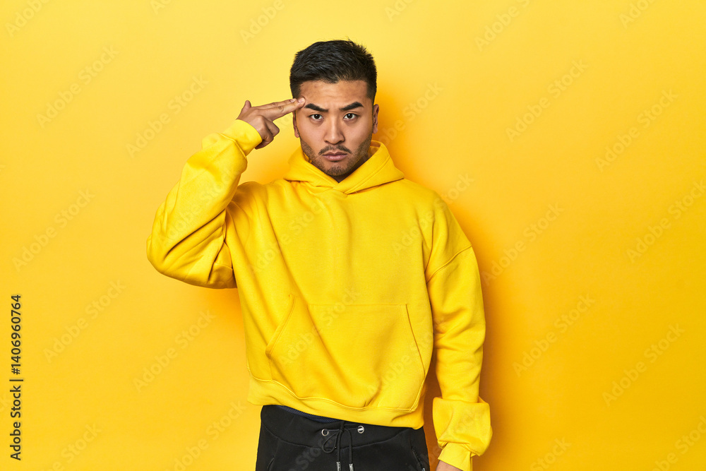 Fototapeta premium Bold Asian man in yellow hoodie on yellow studio pointing temple with finger, thinking, focused on a task.