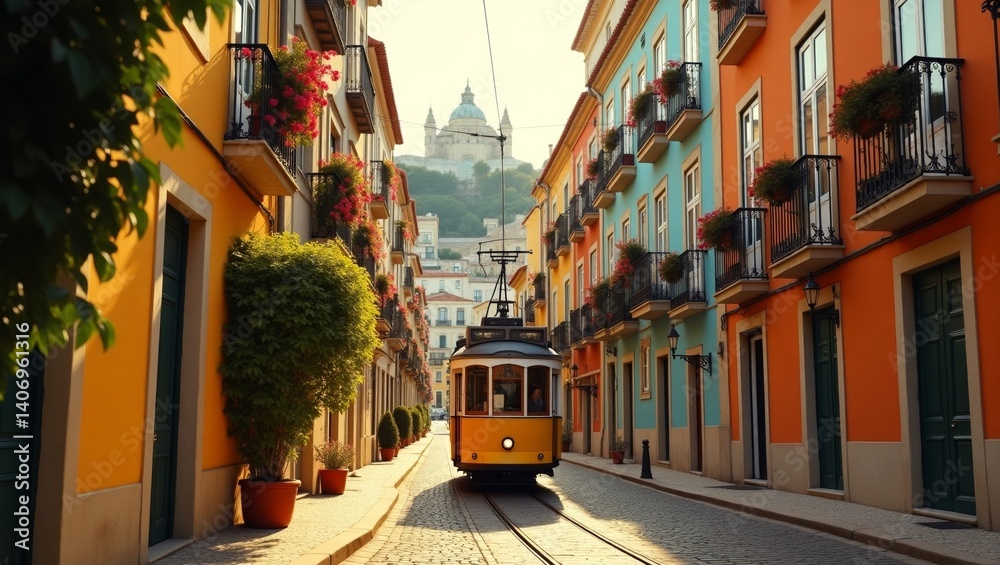 Fototapeta premium Colorful European City Street with Tram