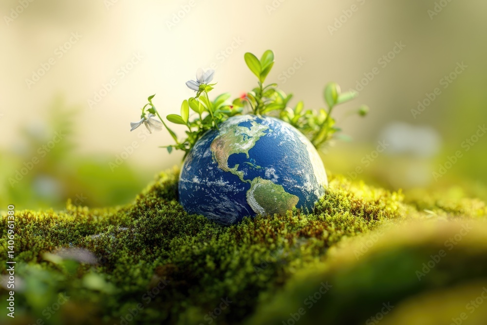 A miniature Earth nestled in vibrant moss, adorned with delicate wildflowers, symbolizes environmental harmony and preservation. A miniature Earth nestled in vibrant moss, adorned with delicate wildflowers, symbolizes environmental harmony and preservation.