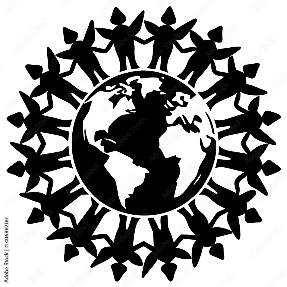 Silhouette of people forming a circle around the Earth, unity for nature, minimalist design